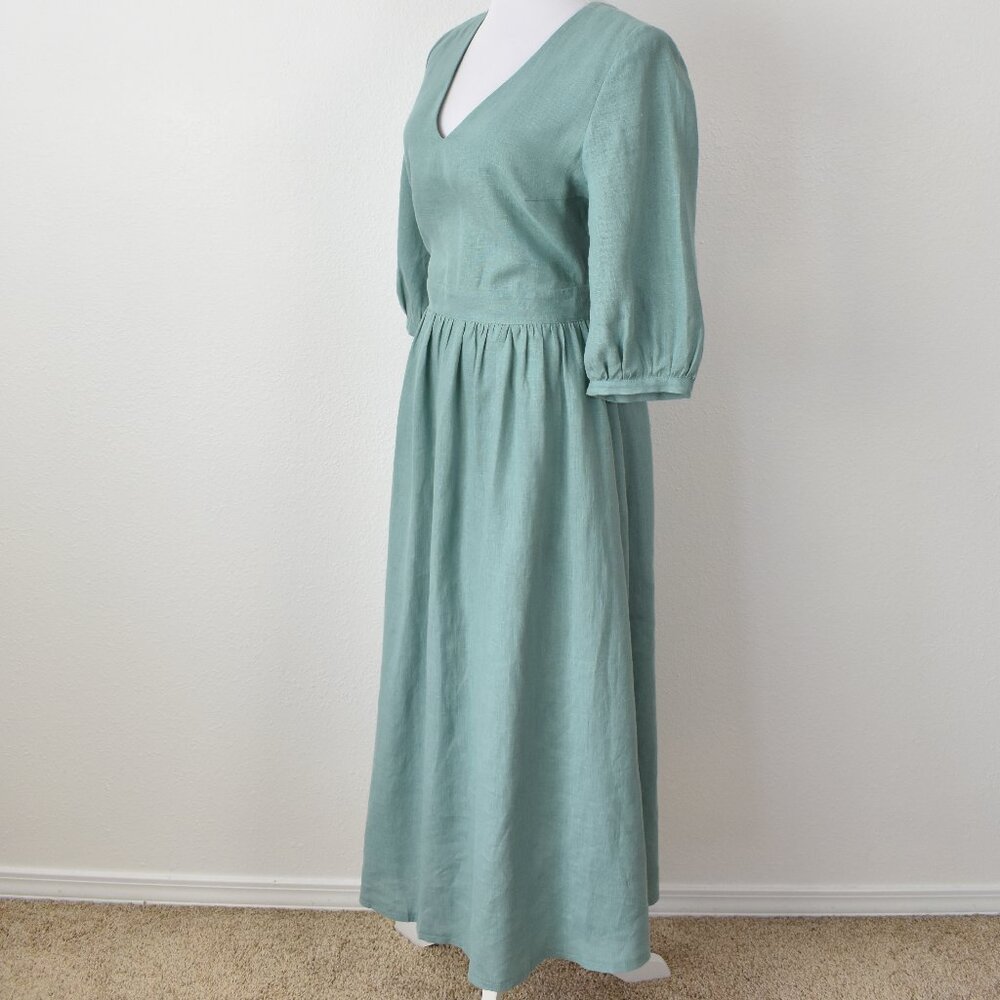 Linen Handmade Studio Open Back Madeleine Midi Dress Teal - 6 - Picture 3 of 11